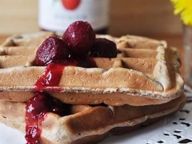Waffles with Cocoa Powder and Cherry Jam Photo 1 Waffles with Cocoa Powder and Cherry Jam Photo 1