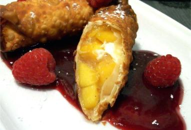 Quick and Easy Peach Pie Egg Rolls with Raspberry Sauce Photo 1