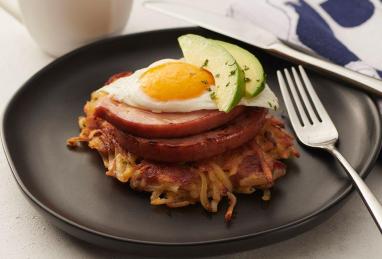 Bacon Potato Cakes with Ham Steak, Egg, and Sliced Avocado Photo 1