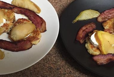 Potato Latkes with Caramelized Pears, Goat Cheese, and Sherry Vinegar Drizzle Photo 1