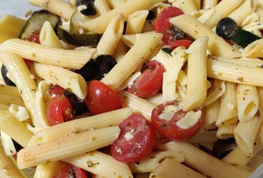 Greek Pasta Salad with Shrimp, Tomatoes, Zucchini, Peppers, and Feta Photo 1