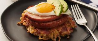 Bacon Potato Cakes with Ham Steak, Egg, and Sliced Avocado Photo