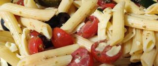 Greek Pasta Salad with Shrimp, Tomatoes, Zucchini, Peppers, and Feta Photo