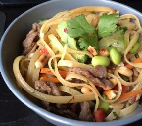 Asian Pasta Salad with Beef, Broccoli and Bean Sprouts Photo
