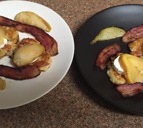 Potato Latkes with Caramelized Pears, Goat Cheese, and Sherry Vinegar Drizzle Photo