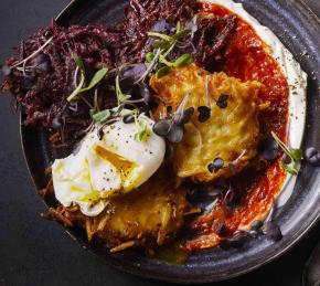 Rainbow Potato Pancakes with Harissa and Eggs Photo