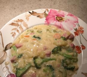 Potato, Ham, Broccoli, and Cheese Soup with Baby Dumplings Photo