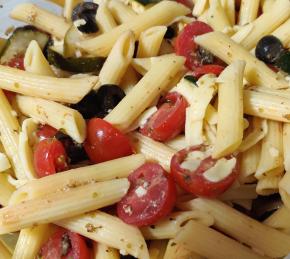 Greek Pasta Salad with Shrimp, Tomatoes, Zucchini, Peppers, and Feta Photo