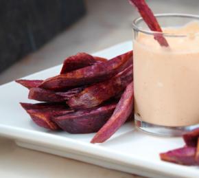 Air-Fried Purple Yam Fries with Sour Cream Sriracha Sauce Photo