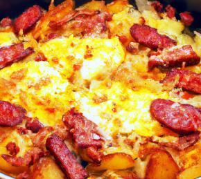 Cheesy Bacon, Sausage, and Egg Hash Brown Skillet Photo